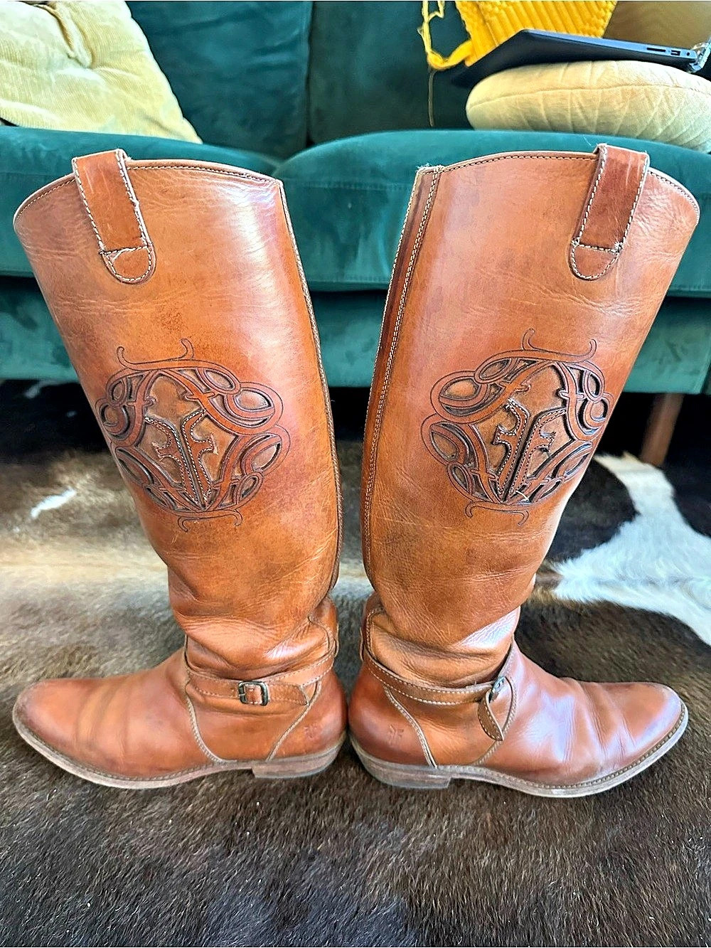 Frye cognac leather riding boots with embroidered logo